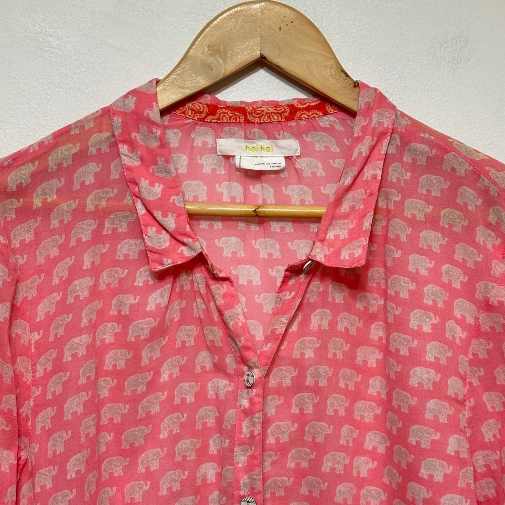 Hei Hei Anthropologie Elephant Button Down Shirt Tunic Pink Cotton Womens Large - Picture 2 of 8